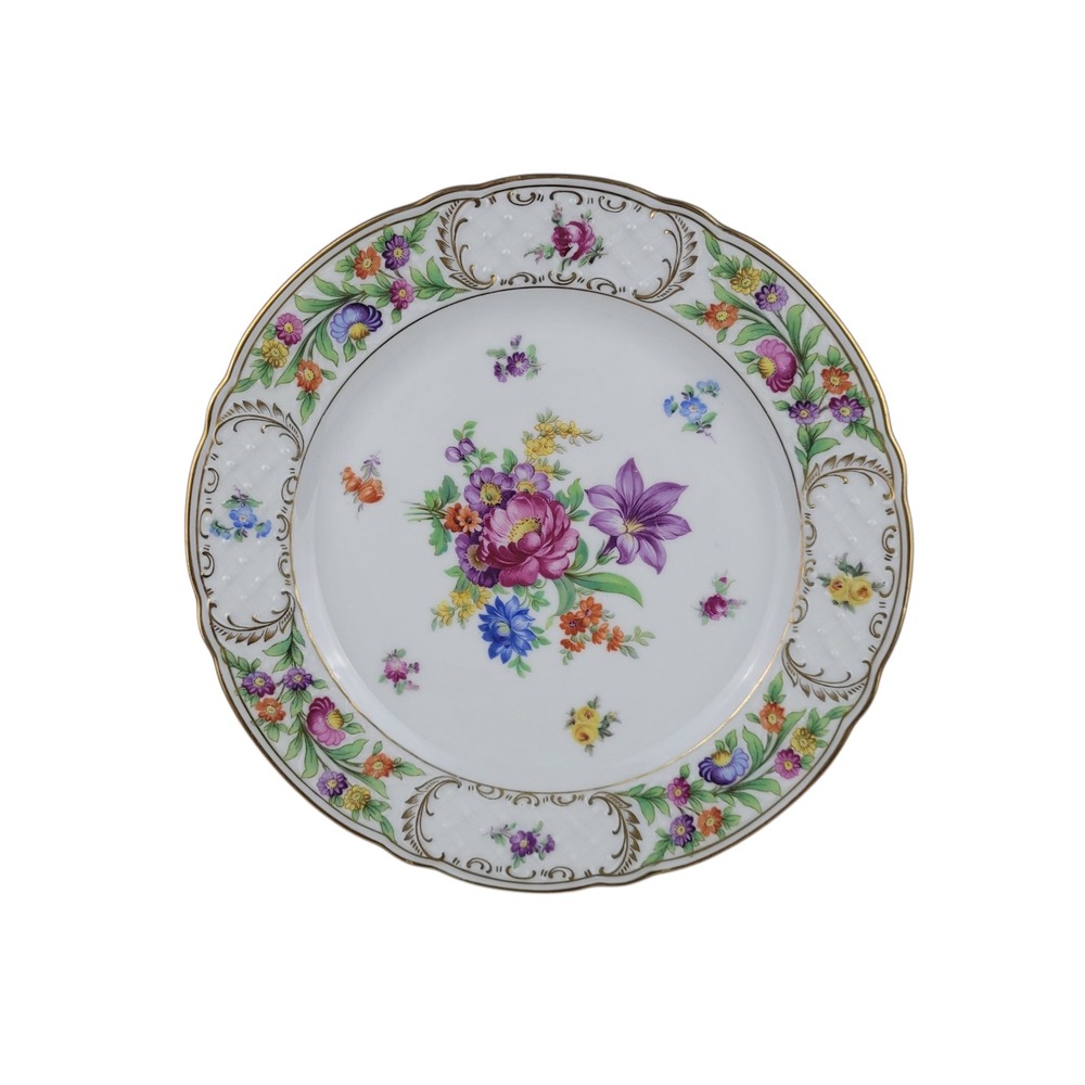 Schumann Germany‎ Empress Dresden Flowers Porcelain Dinner Plate Gold Trim 10"